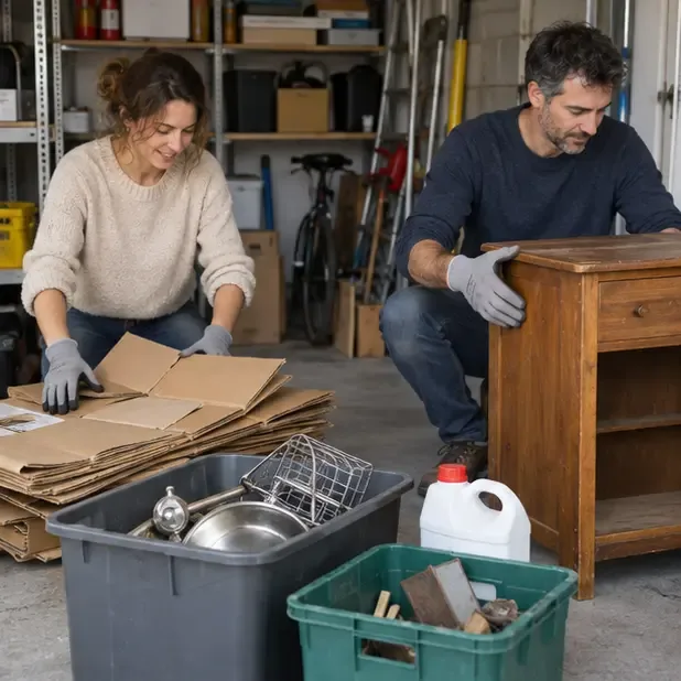 Une personne trie du carton et une autre déplace un élément de meuble près de contenants de tri