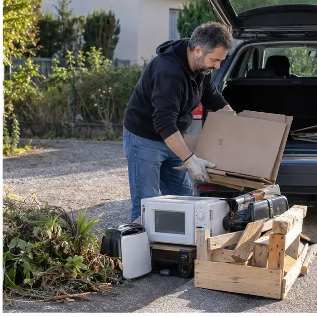 Habitant triant du carton, des végétaux, du bois et de petits appareils avant de partir en voiture