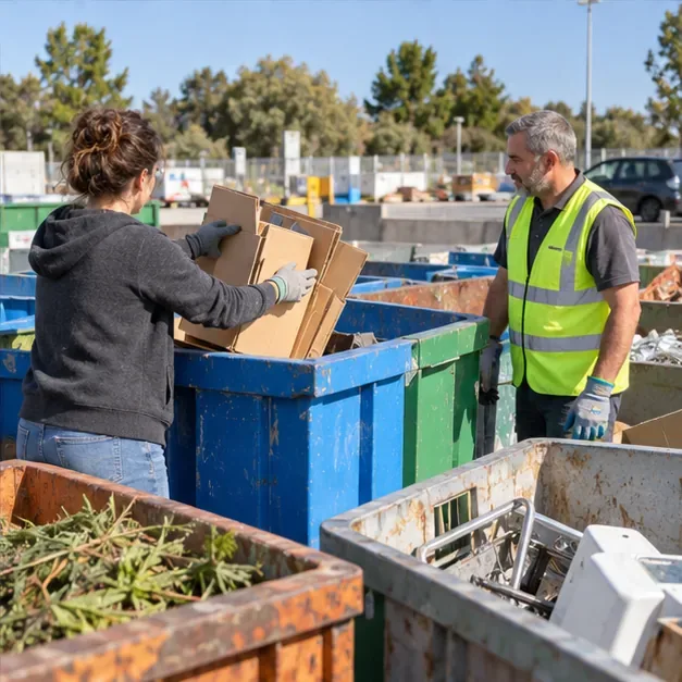 Une usagère dépose des cartons dans une benne sous le regard d’un agent en gilet de sécurité