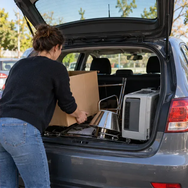 Une habitante charge dans une voiture des cartons pliés et plusieurs objets triés pour la déchèterie