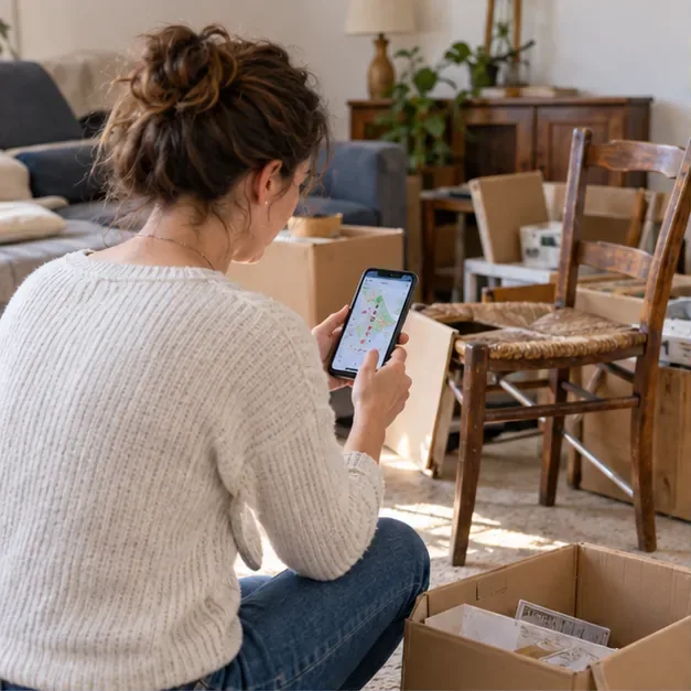 Une habitante consulte une carte de points propreté sur son téléphone avant de trier ses objets