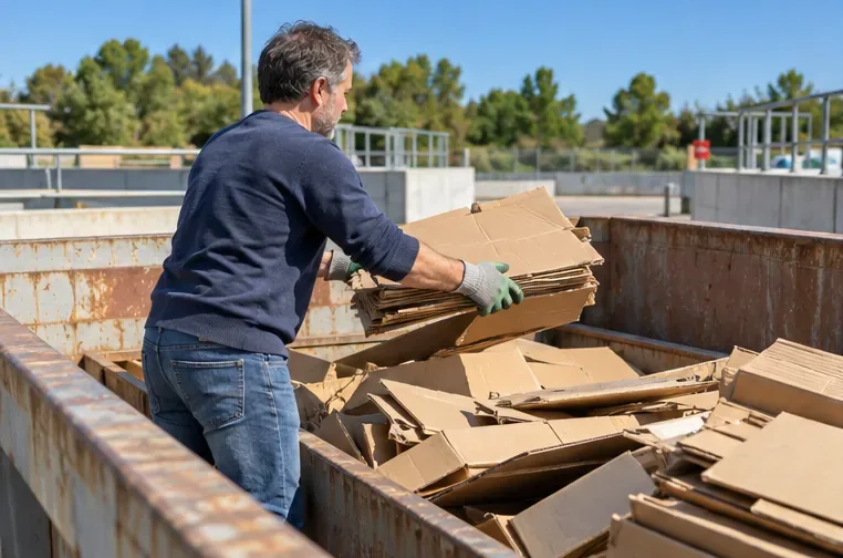 Un usager dépose des cartons aplatis dans une grande benne de tri.