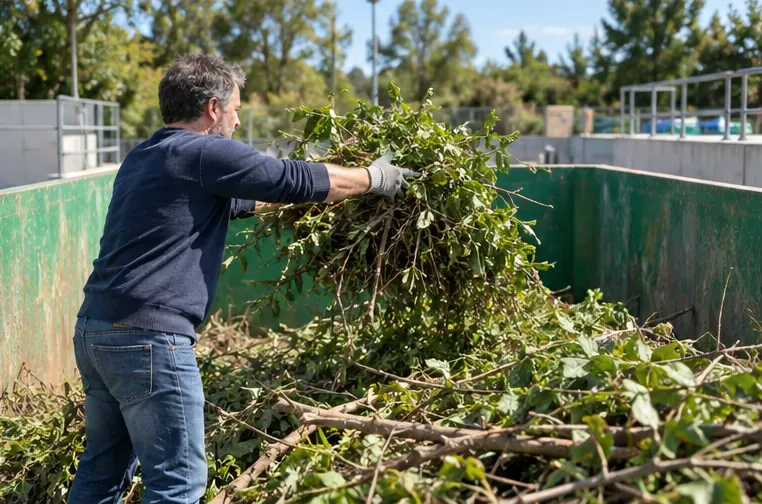 Un habitant dépose des branches coupées dans une benne réservée aux déchets verts.