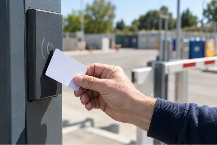 Une main tient une carte d’accès sans inscription devant un lecteur installé à l’entrée d’une déchèterie.