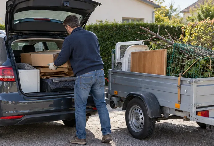Une personne charge des cartons, des branches et des objets volumineux dans une voiture et une petite remorque