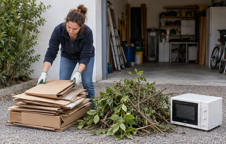 Une personne trie du carton, des branches et un petit appareil électroménager devant un garage avant un trajet en déchèterie