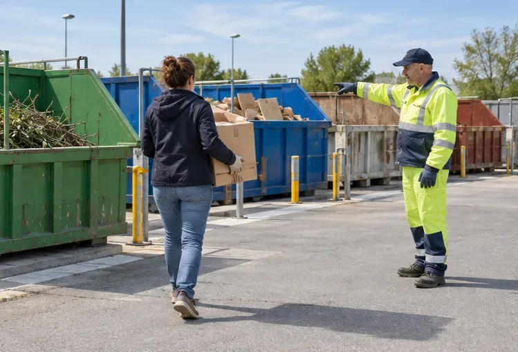 À l’entrée d’une déchèterie, un agent indique à une visiteuse quelle benne utiliser pour son carton
