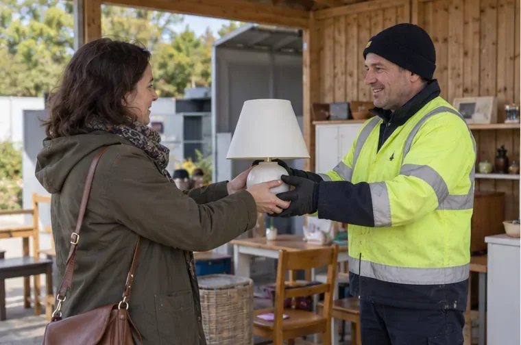 Une habitante remet une lampe en bon état à un agent dans un espace de réemploi