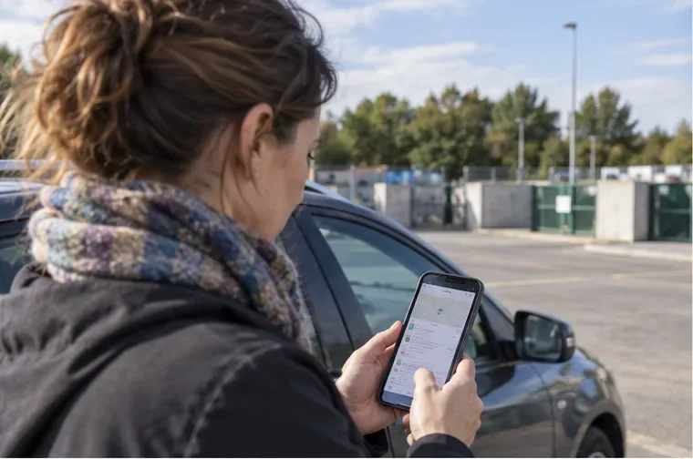 Une habitante consulte la carte et les horaires d'une déchèterie sur son téléphone près de sa voiture