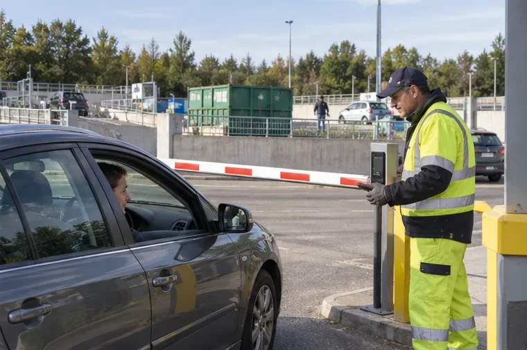 Un agent accueille une voiture à l'entrée d'une déchèterie et indique la direction à suivre
