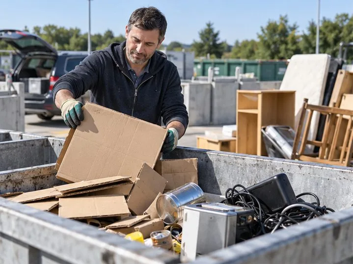 Un particulier sépare des cartons et de petits appareils électriques dans une benne de déchèterie.