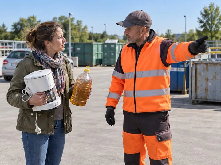 Une usagère demande conseil à un agent devant des bennes de tri, en tenant un petit appareil électrique et un bidon fermé.