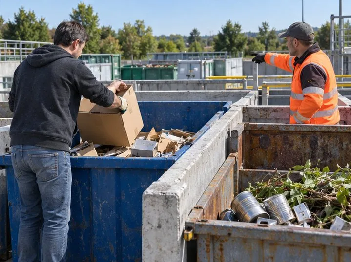 Un usager dépose des cartons dans une benne tandis qu’un agent lui indique la zone appropriée.