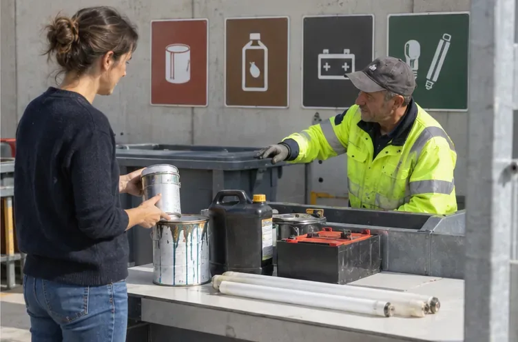 Une usagère remet des pots de peinture et autres déchets dangereux à un agent dans une zone de collecte spécialisée