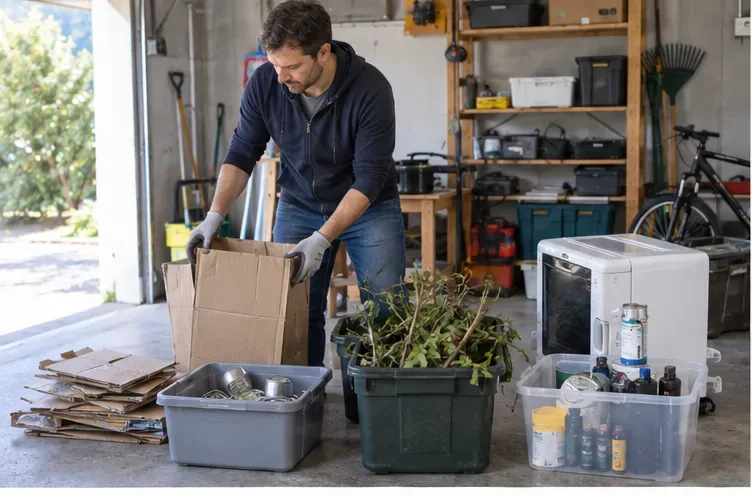 Un particulier trie à domicile du carton, des métaux, des végétaux, un appareil électrique et des produits spéciaux avant un passage en déchèterie