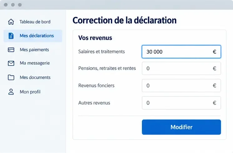 Interface illustrative de correction montrant une rubrique de revenus modifiable et le bouton Modifier