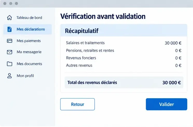 Interface illustrative de vérification affichant un récapitulatif des revenus et le bouton Valider