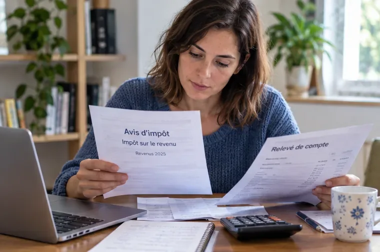 Une contribuable compare son avis d’impôt, un relevé de compte et ses documents avant de corriger un revenu oublié