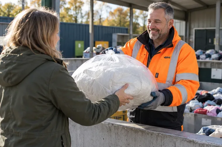 Een medewerker neemt een zak met een dekbed aan bij een inzamelpunt op een recycleplein