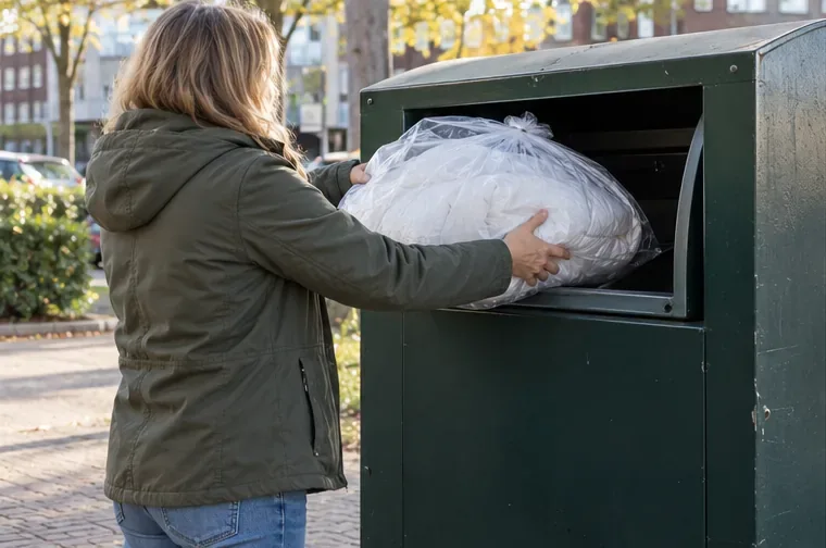 Een bewoner brengt een gesloten zak met een dekbed naar een textielcontainer