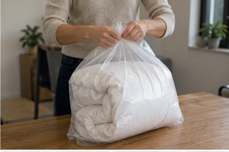 Een opgevouwen wit dekbed wordt in een doorzichtige plastic zak gedaan en zorgvuldig dichtgemaakt