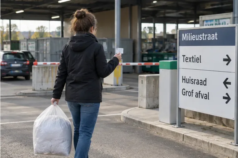 Een vrouw loopt met een zak met een dekbed en een toegangspas naar een gemeentelijk recyclingperron