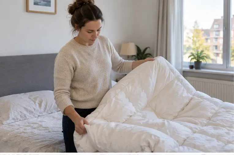 Een vrouw controleert een wit dekbed in een slaapkamer voordat zij bepaalt hoe het moet worden weggegooid