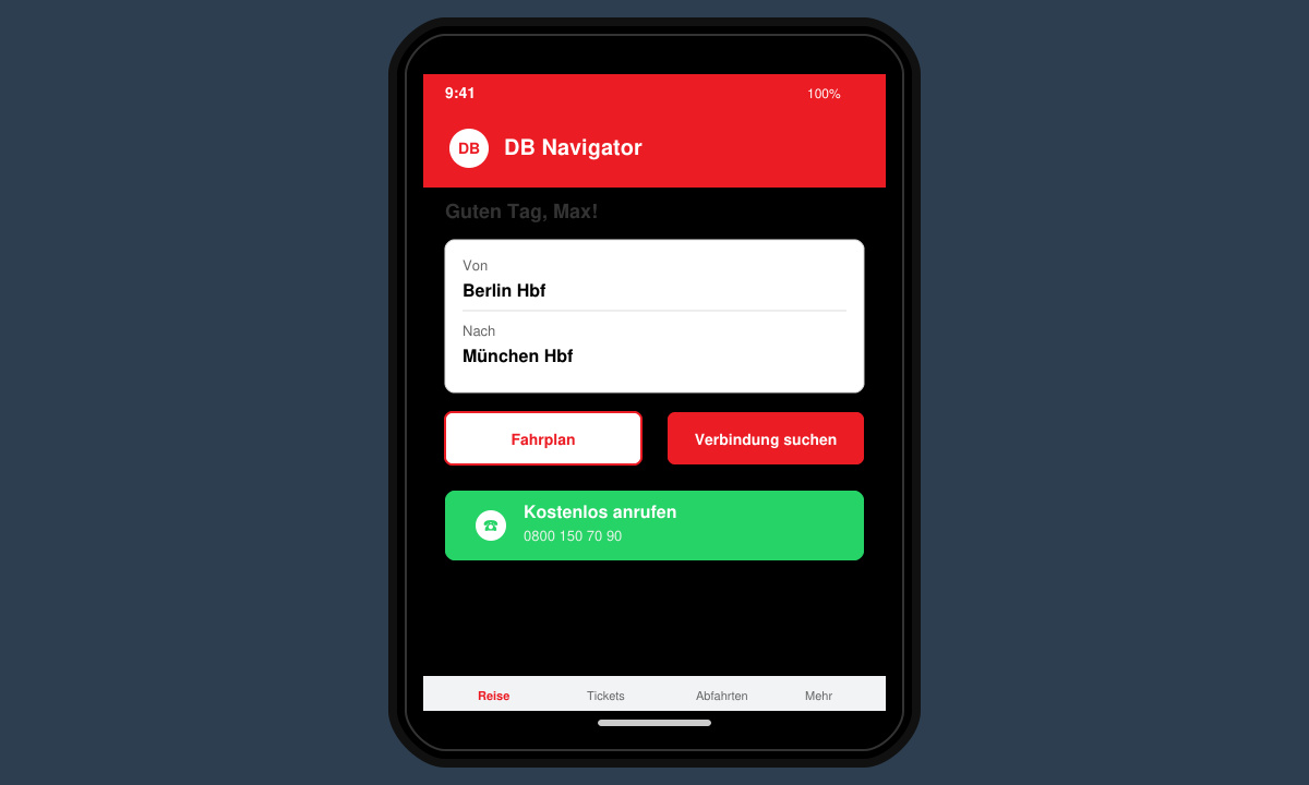 Smartphone-Bildschirm mit geöffneter DB Navigator App und Anruf-Button