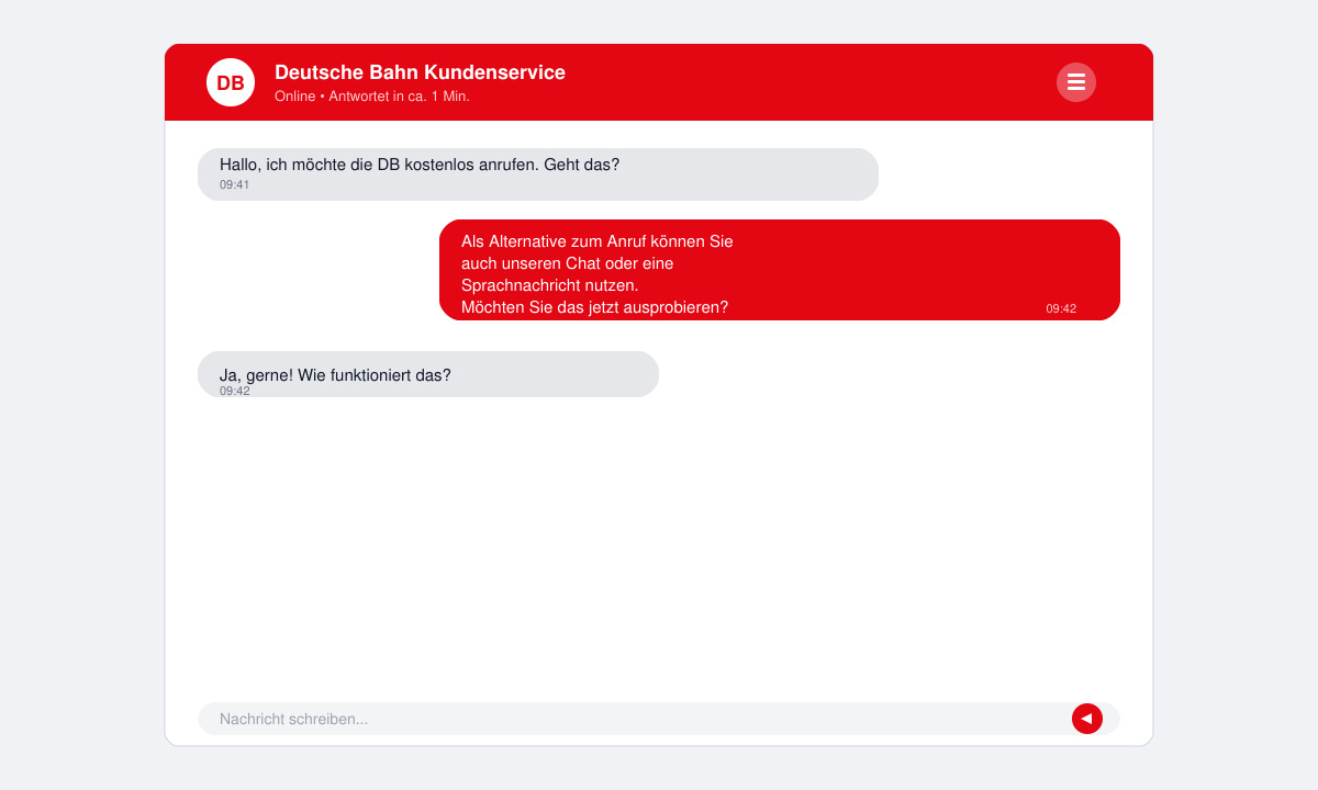 App-Chat-Fenster mit einer Antwort des DB-Kundenservice