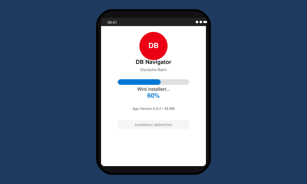 Installationsfortschritt der Deutschen Bahn App auf dem Smartphone
