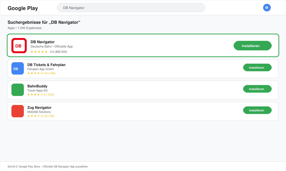 Bildschirmfoto des Google Play Store mit der Sucheingabe „DB Navigator“