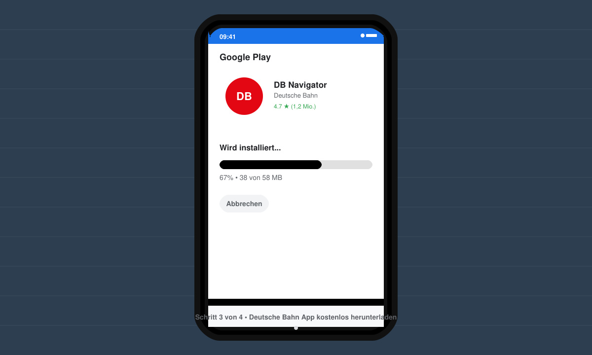 Installationsfortschritt der DB Navigator App auf einem Smartphone