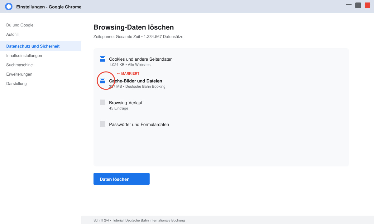 Browser-Cache löschen für Deutsche Bahn Buchung