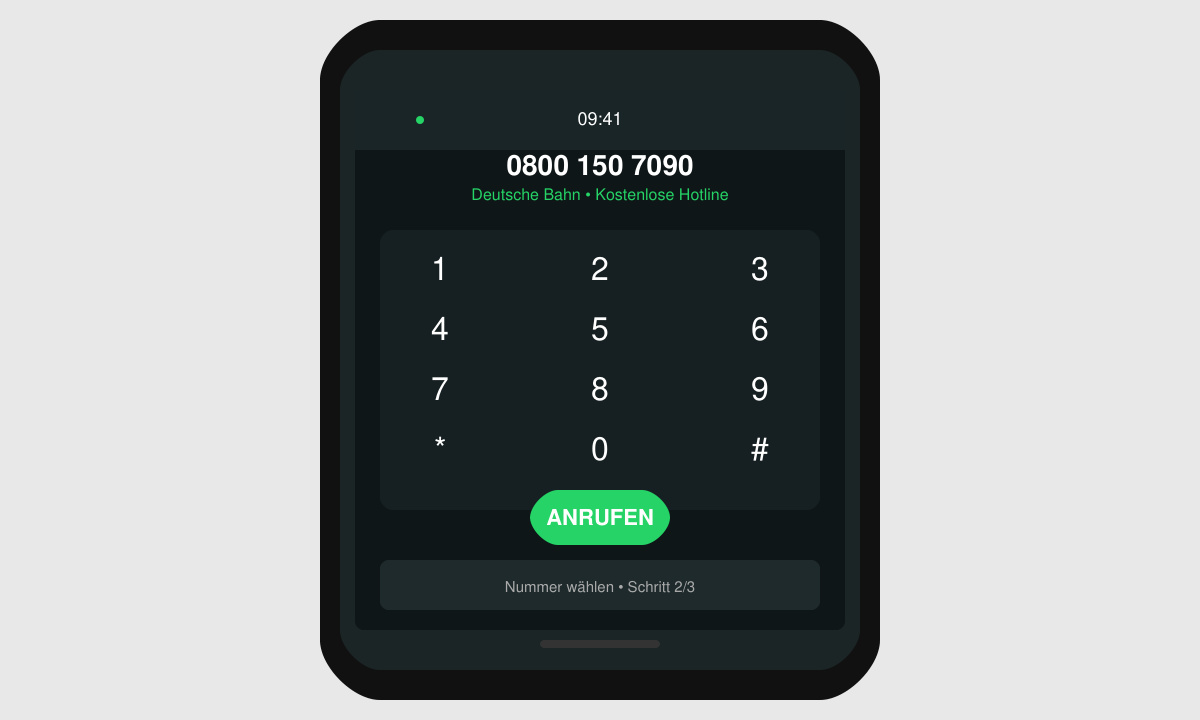 Nahaufnahme eines Telefons mit gewählter 0800-Nummer auf dem Display