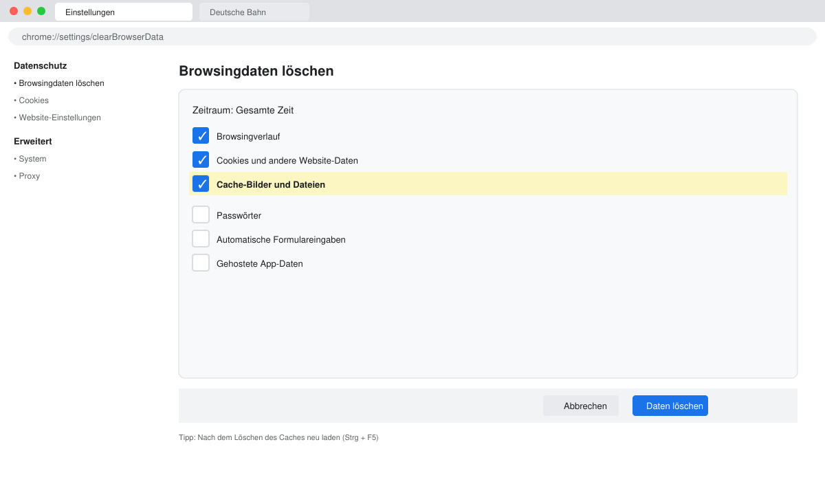 Browser-Einstellungen mit markiertem Cache-Lösch-Dialog