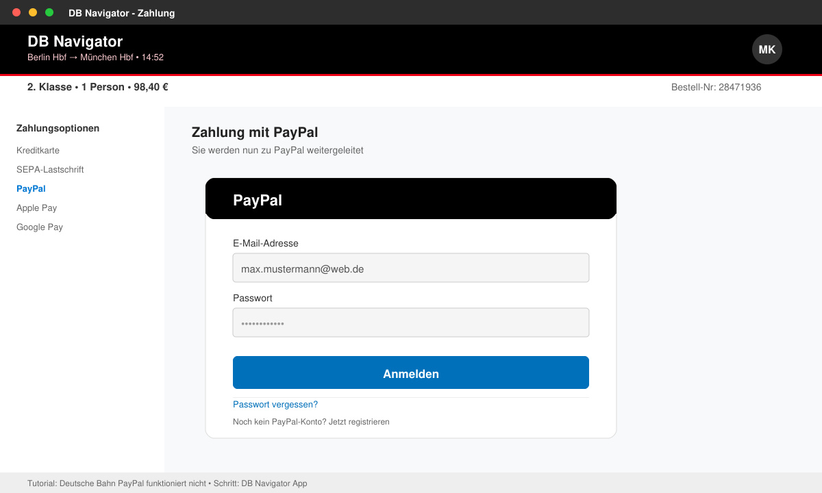 DB Navigator App mit geöffneter PayPal-Zahlungsoption