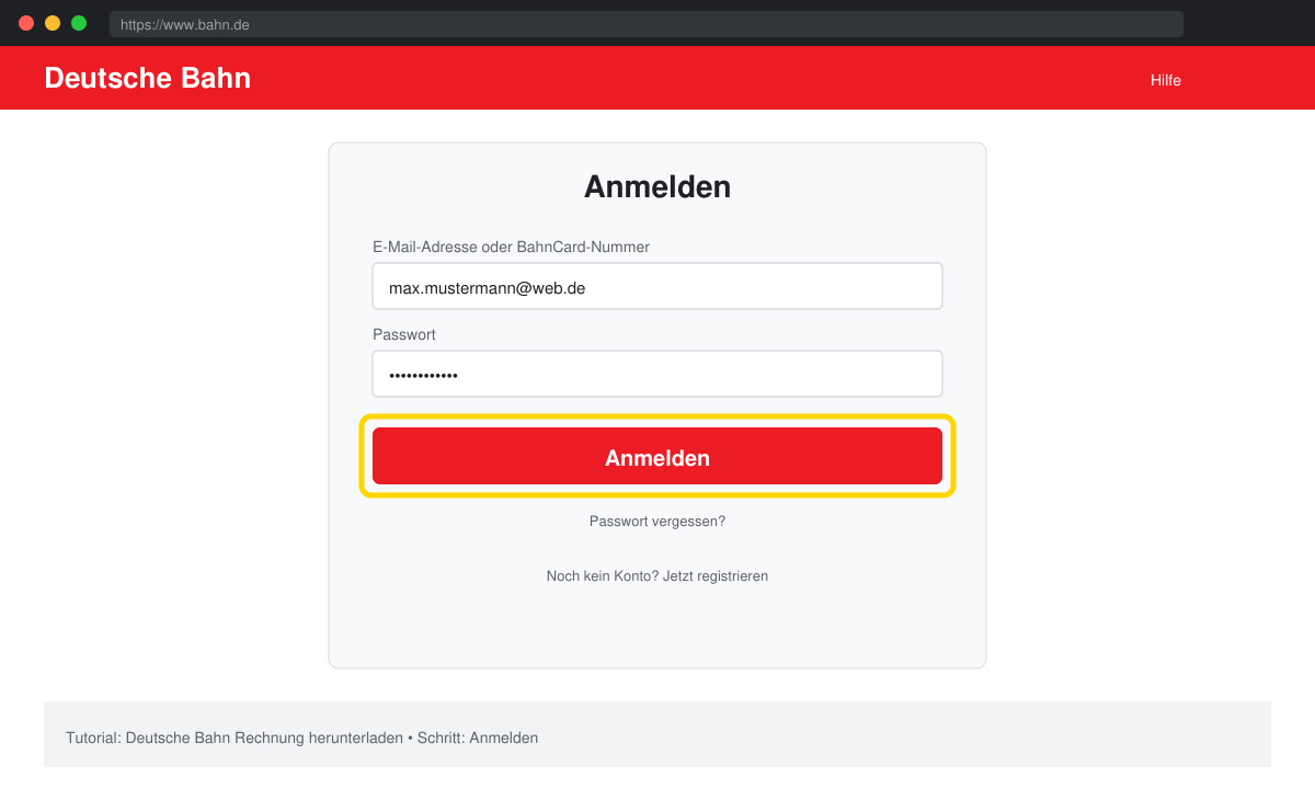 Anmeldebildschirm auf bahn.de mit hervorgehobener Schaltfläche „Anmelden“