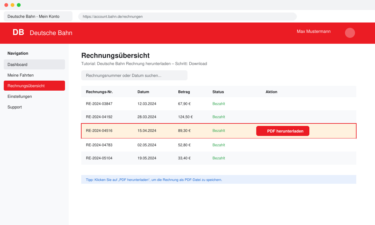 Rechnungsübersicht mit Download-Button für PDF-Datei