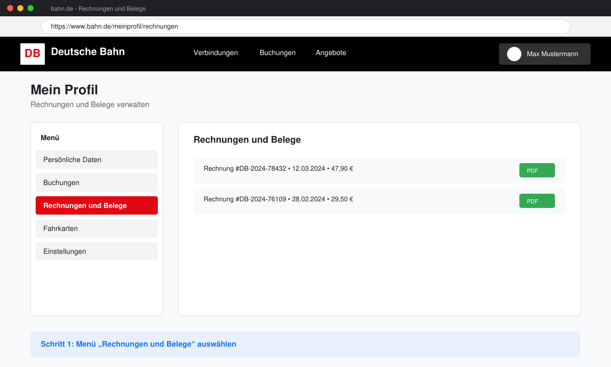 Screenshot der Menüauswahl Rechnungen und Belege auf bahn.de