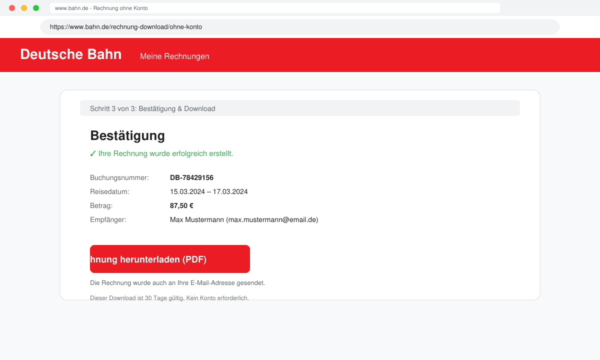 Bestätigungsseite mit Download-Button für die Deutsche Bahn Rechnung