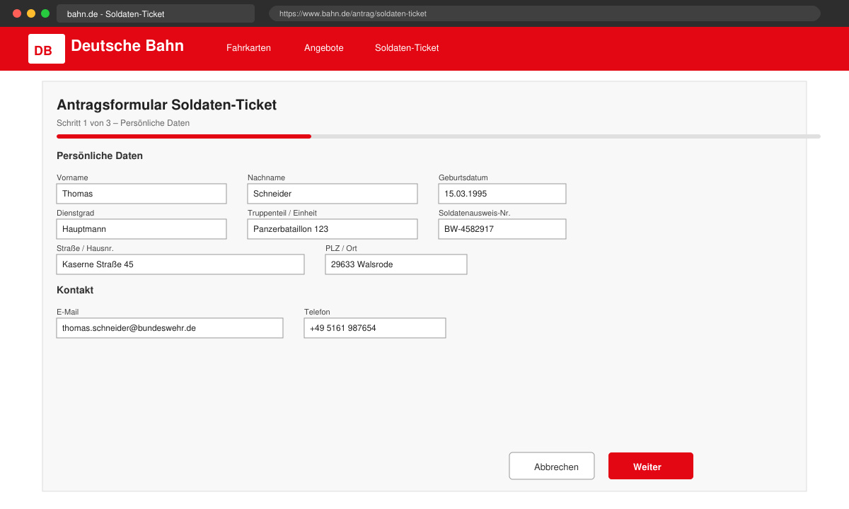 Antragsformular für das Deutsche bahn soldaten ticket auf dem Bildschirm