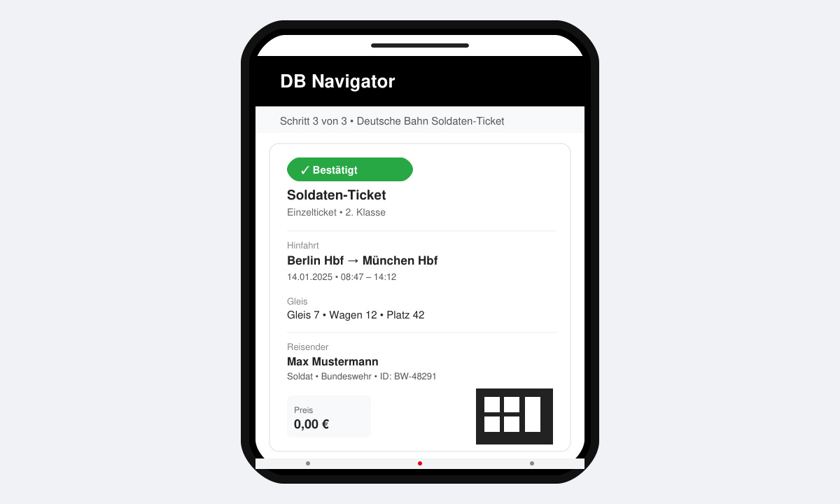 Erfolgreich gebuchtes Deutsche bahn soldaten ticket in der DB App