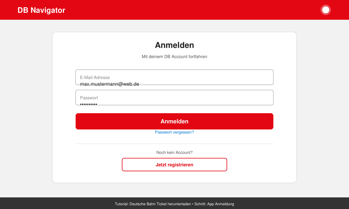 Anmeldung in der DB Navigator App für Ticket Download
