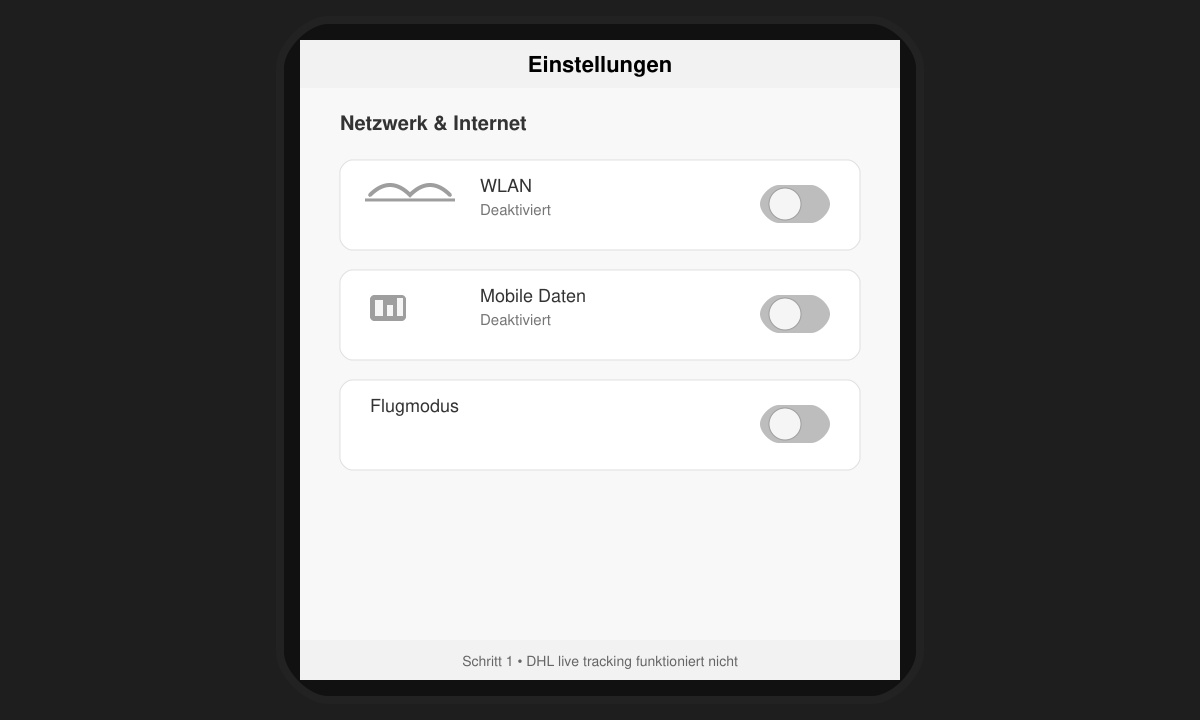 Smartphone-Einstellungsmenü mit deaktiviertem WLAN und mobilen Daten