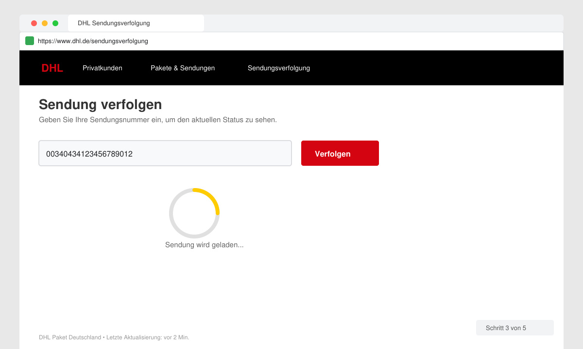 DHL Website Sendungsverfolgung mit eingegebener Tracking-Nummer und Ladeanimation