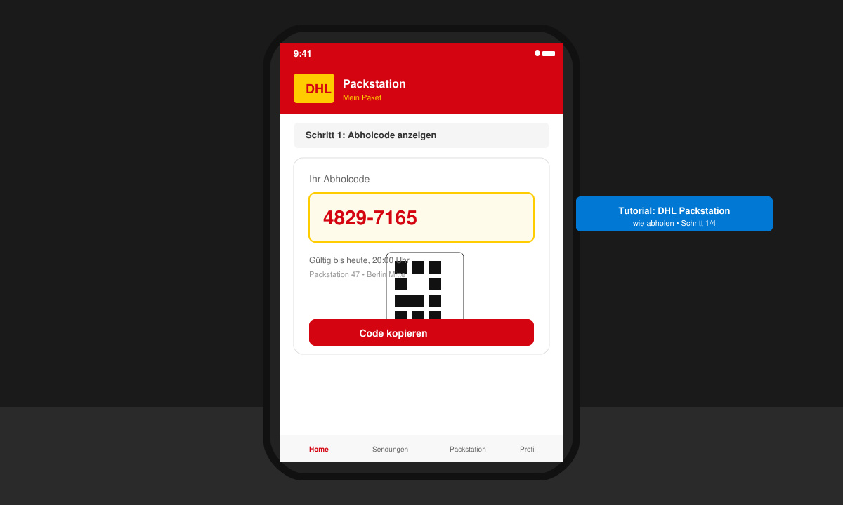 Smartphone-Bildschirm mit DHL App und Abholcode für die Packstation