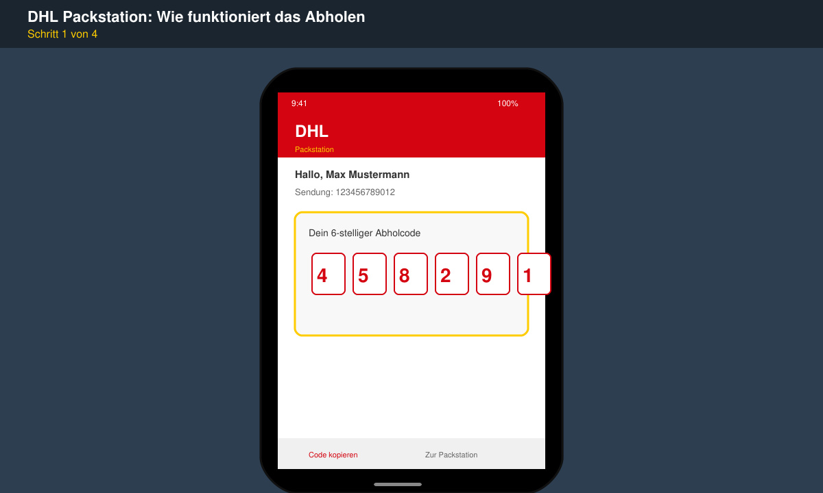 Smartphone-Display mit DHL App und sichtbarem Abholcode