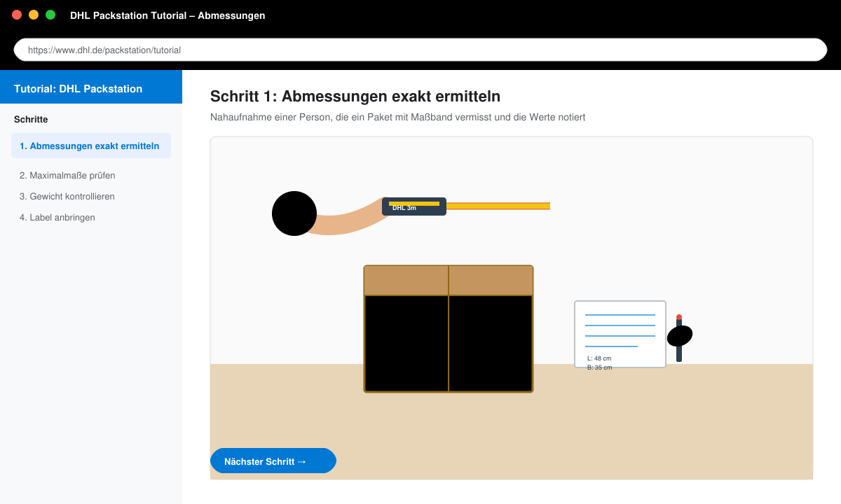 Nahaufnahme einer Person, die ein Paket mit Maßband vermisst und die Werte notiert