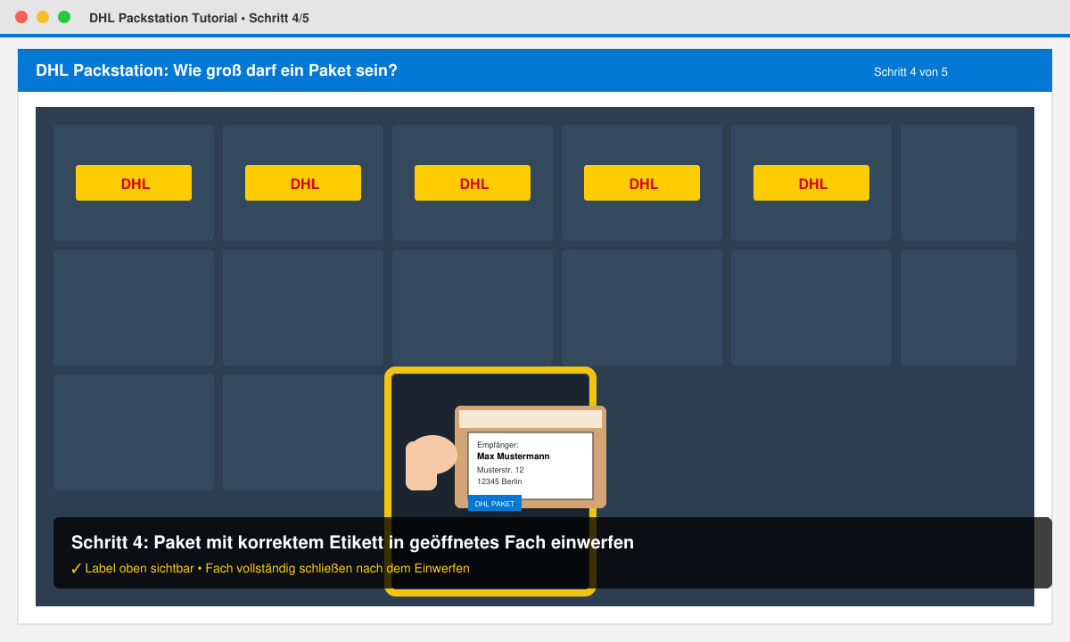 Paket mit korrektem Etikett wird in ein geöffnetes Fach einer DHL Packstation eingeschoben