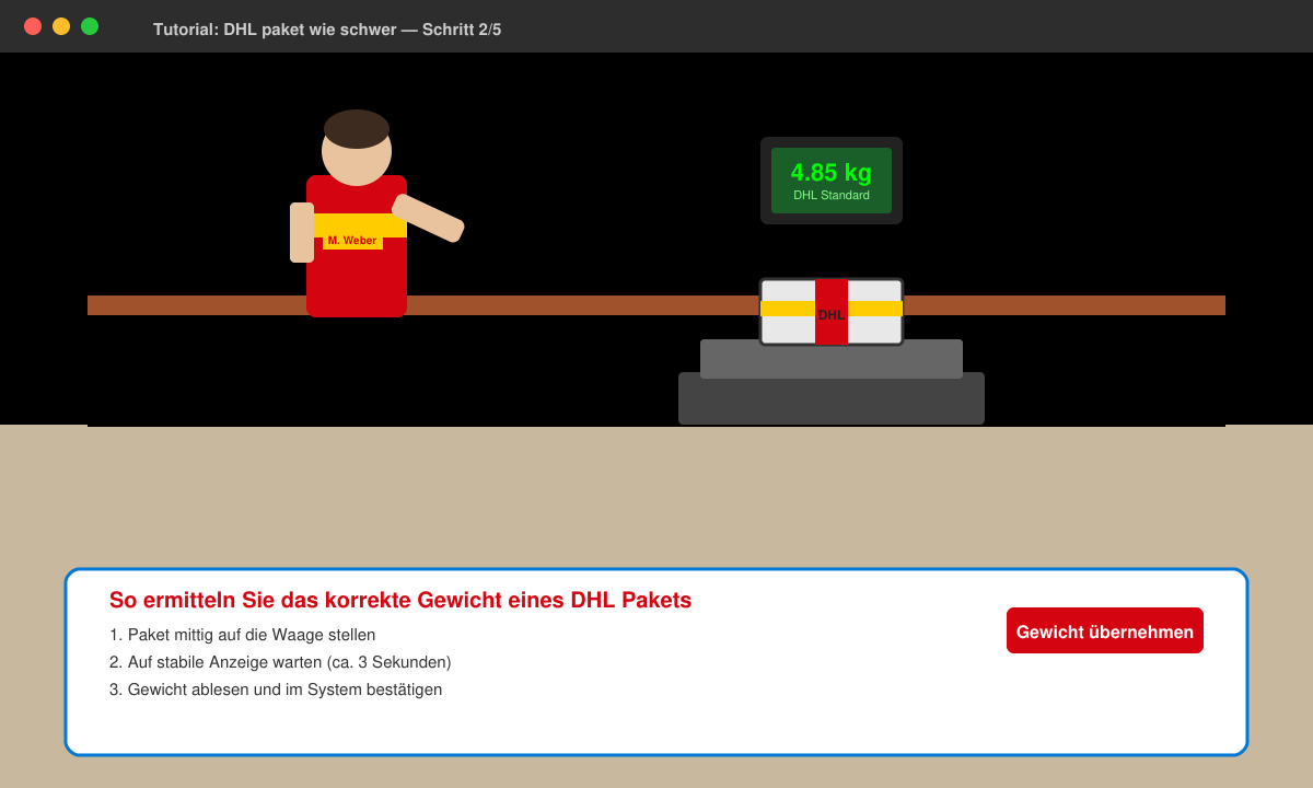 Mitarbeiter wiegt DHL Paket an der Theke in der Filiale